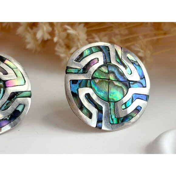 Abalone Geometric Modernist Taxco Sterling Silver Mexican Made Southwest Studs - Picture 5 of 9